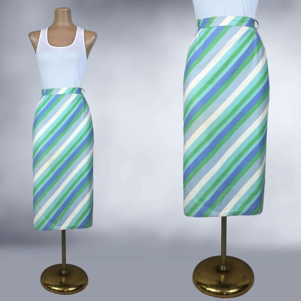 VINTAGE 60s Diagonal Striped Pencil Skirt 30" waist WOUNDED